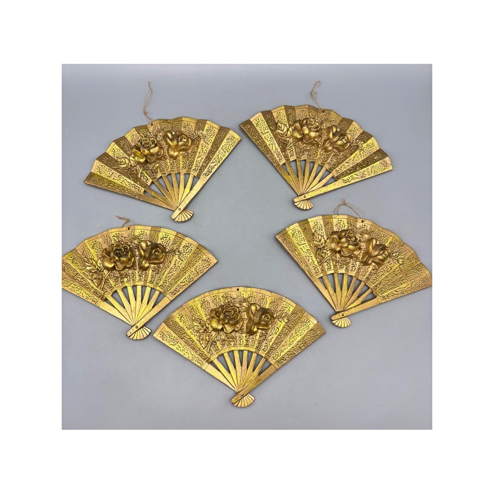 Vtg Gold Plastic Fan Wall Decor 5 Pc Asian Rose Floral Relief Hollywood Regency